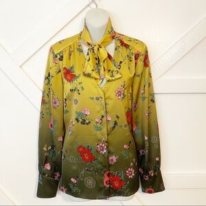 Ecru Floral Printed Sating Long Sleeve Button Down Tie Neck Blouse Yellow Sz M